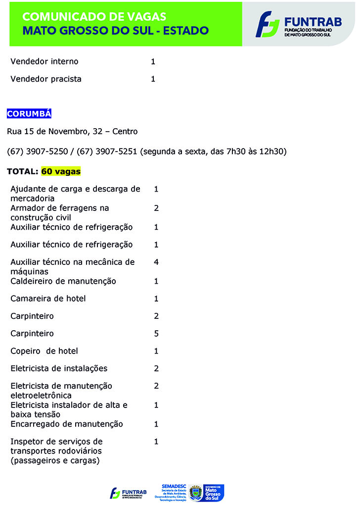 Mil Oportunidades De Emprego Funtrab De Ms Come A A Semana