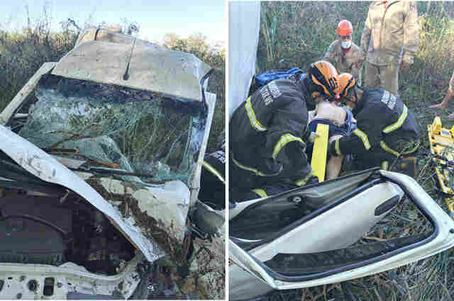 Condutor fica ferido ap&oacute;s ve&iacute;culo sair da pista e descer ribanceira na BR 262