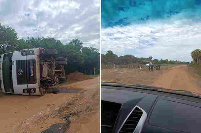 Motorista de caminh&atilde;o fica ferido na Estrada Parque ap&oacute;s tombamento de ve&iacute;culo