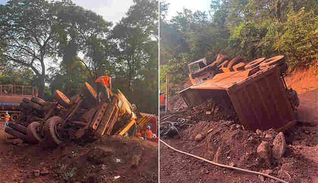 Motorista fica preso as ferragens ap&oacute;s tombar carreta no morro do Urucum