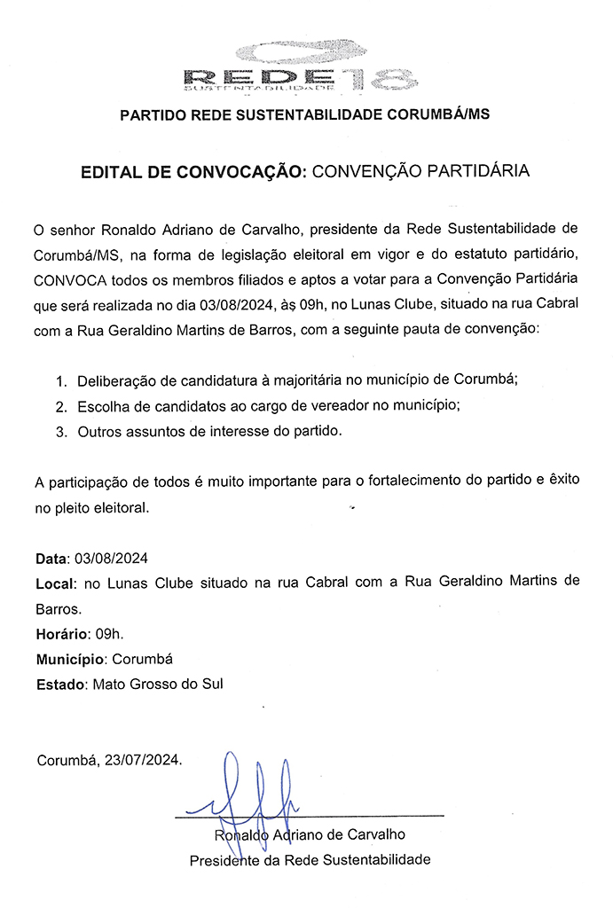 EDITAL DE CONVOCAÇÃO: CONVENÇÃO PARTIDÁRIA – REDE SUSTENTABILIDADE CORUMBÁ