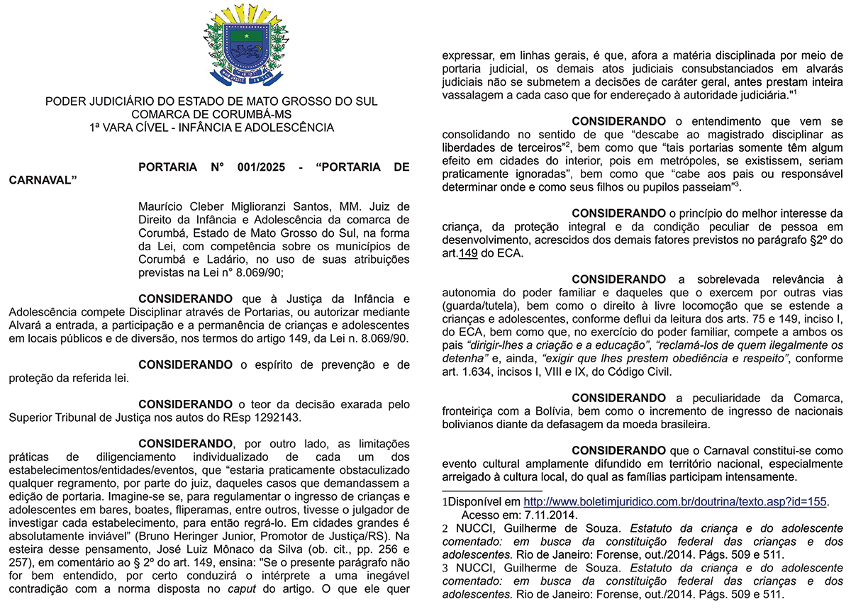 Portaria regulamenta presença de crianças e adolescentes no carnaval de Corumbá e Ladário desde que acompanhadas dos responsáveis e identificadas
