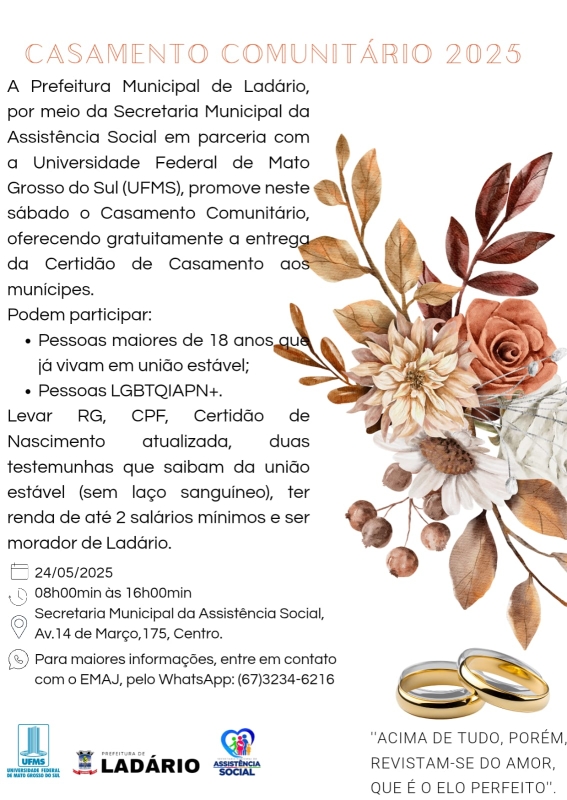 Prefeitura de Lad&aacute;rio promove Casamento Comunit&aacute;rio 2025 neste s&aacute;bado (24), em parceria com a UFMS