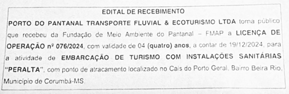 EDITAL DE RECEBIMENTO DE LICENÇA – PORTO DO PANTANAL TRANSPORTE FLUVIAL & ECOTURISMO LTDA