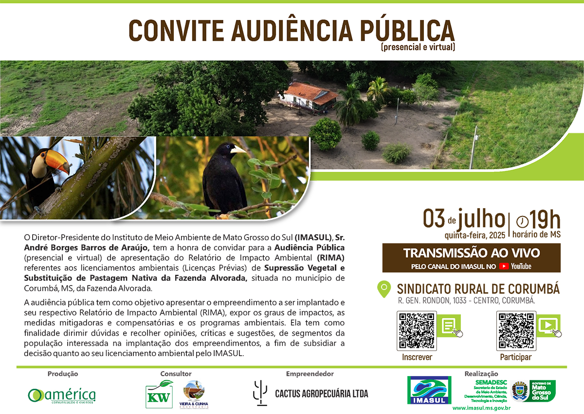 EDITAL DE CONVOCAÇÃO PARA AUDIÊNCIA PÚBLICA DE LICENCIAMENTO AMBIENTAL DA FAZENDA ALVORADA DA EMPRESA CACTUS AGROPECUÁRIA LTDA