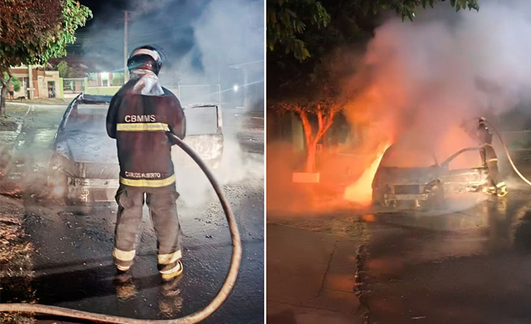Carro fica destruído após pegar fogo no bairro Centro América em Corumbá