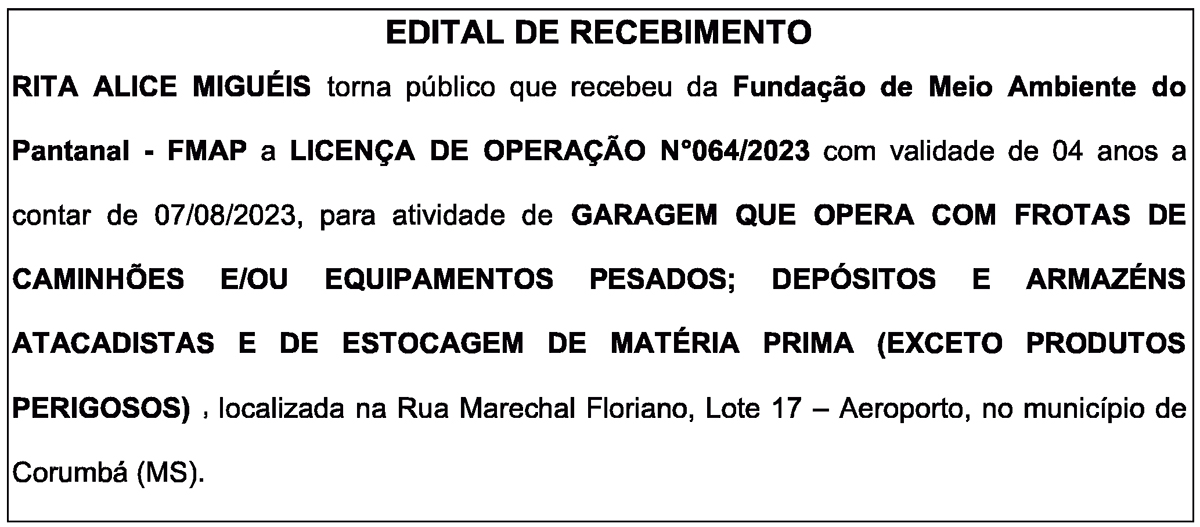EDITAL DE RECEBIMENTO A LICENÇA DE OPERAÇÃO Nº064/2023 – RITA ALICE MIGUÉIS