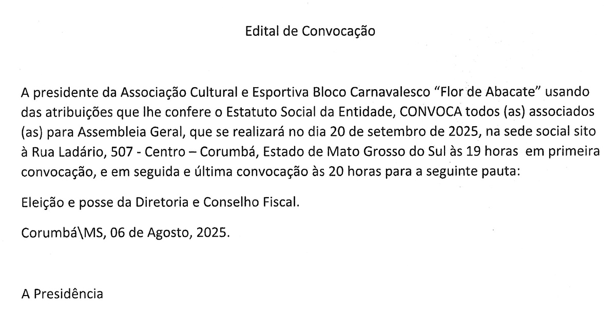 EDITAL DE CONVOCA&Ccedil;&Atilde;O - BLOCO CARNAVALESCO FLOR DE ABACATE