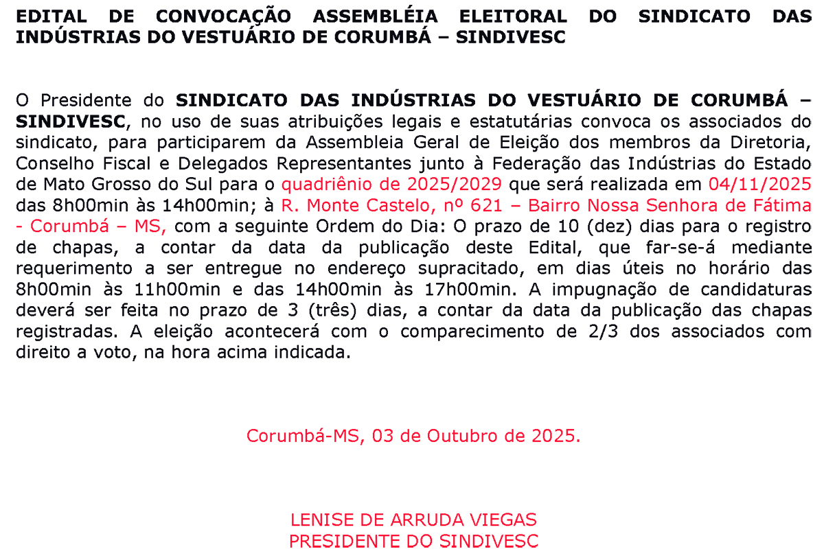 EDITAL DE CONVOCA&Ccedil;&Atilde;O ASSEMBLEIA ELEITORAL &ndash; SINDIVESC