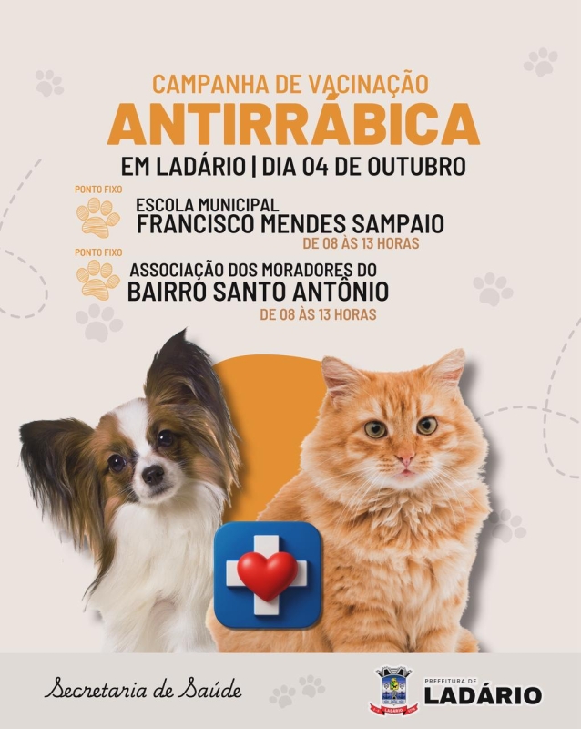 Campanha de Vacina&ccedil;&atilde;o Antirr&aacute;bica acontece neste s&aacute;bado em Lad&aacute;rio