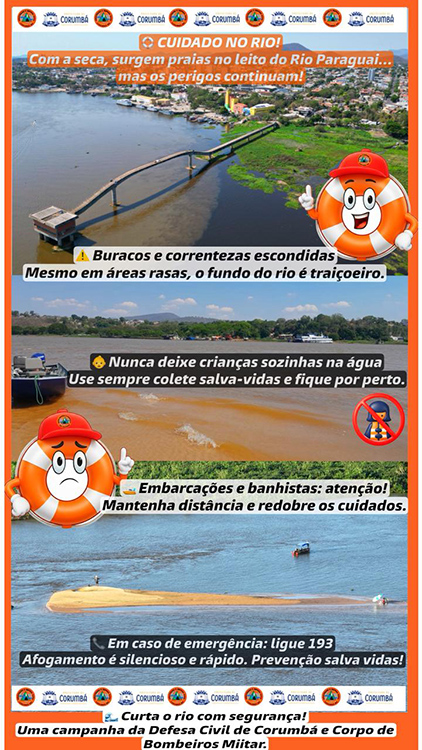 Defesa Civil orienta banhistas e navegantes quanto a seguran&ccedil;a durante o per&iacute;odo de seca no Rio Paraguai