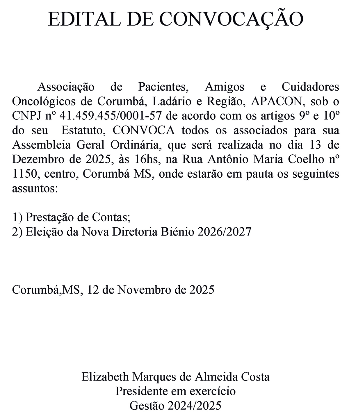 EDITAL DE CONVOCA&Ccedil;&Atilde;O - APACON