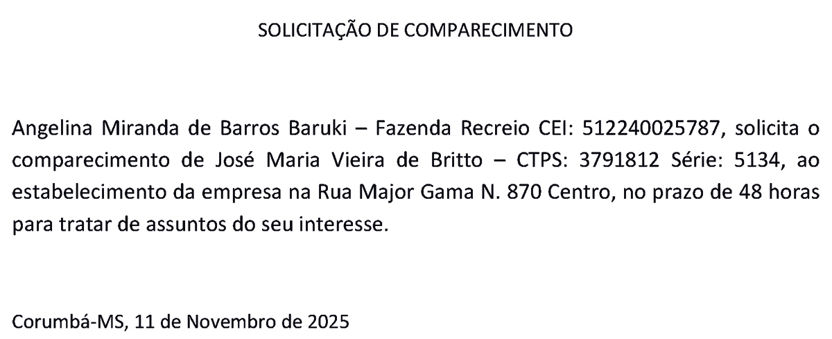 SOLICITA&Ccedil;&Atilde;O DE COMPARECIMENTO &ndash; JOS&Eacute; MARIA VIEIRA DE BRITTO