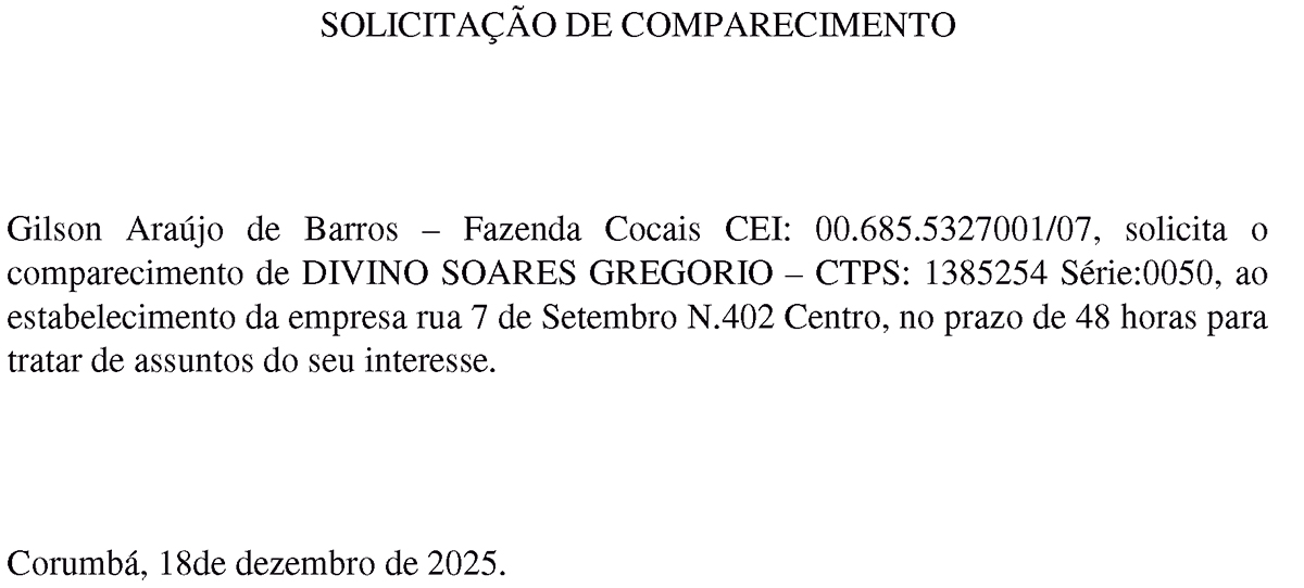 SOLICITA&Ccedil;&Atilde;O DE COMPARECIMENTO &ndash; DIVINO SOARES GREGORIO