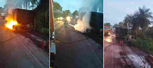 Bombeiros utilizam 2 mil litros de &aacute;gua para conter inc&ecirc;ndio em carreta de min&eacute;rio na BR-262 em Corumb&aacute;