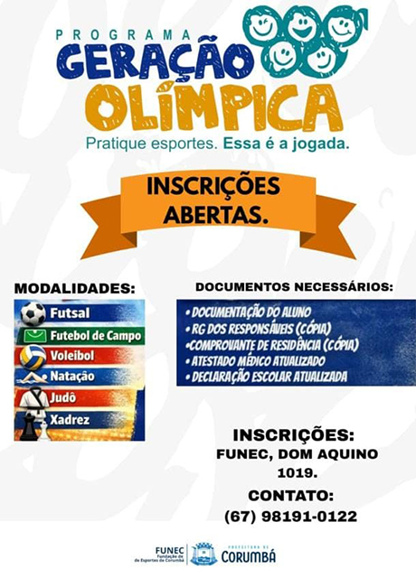 Prefeitura de Corumb&aacute; abre inscri&ccedil;&otilde;es para o Programa Gera&ccedil;&atilde;o Ol&iacute;mpica