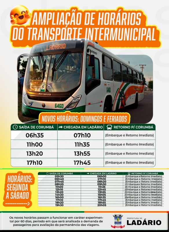 Prefeitura de Lad&aacute;rio anuncia amplia&ccedil;&atilde;o de hor&aacute;rios do transporte intermunicipal entre Lad&aacute;rio e Corumb&aacute;