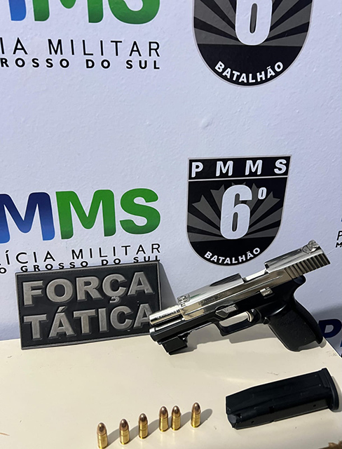 Pol&iacute;cia Militar apreende pistola calibre 9 mil&iacute;metros municiada e sem documenta&ccedil;&atilde;o em Corumb&aacute;