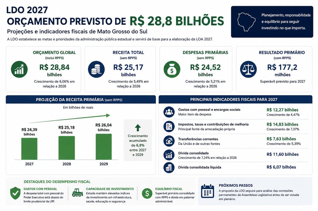 LDO que projeta or&ccedil;amento de R$ 28,8 bilh&otilde;es para 2027 come&ccedil;a a tramitar na ALEMS   