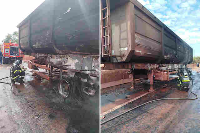 Carreta de min&eacute;rio pega fogo e fica parcialmente destru&iacute;da na BR-262 em Corumb&aacute; 