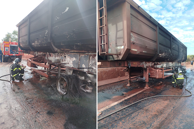 Carreta de min&eacute;rio pega fogo e fica parcialmente destru&iacute;da na BR-262 em Corumb&aacute; 