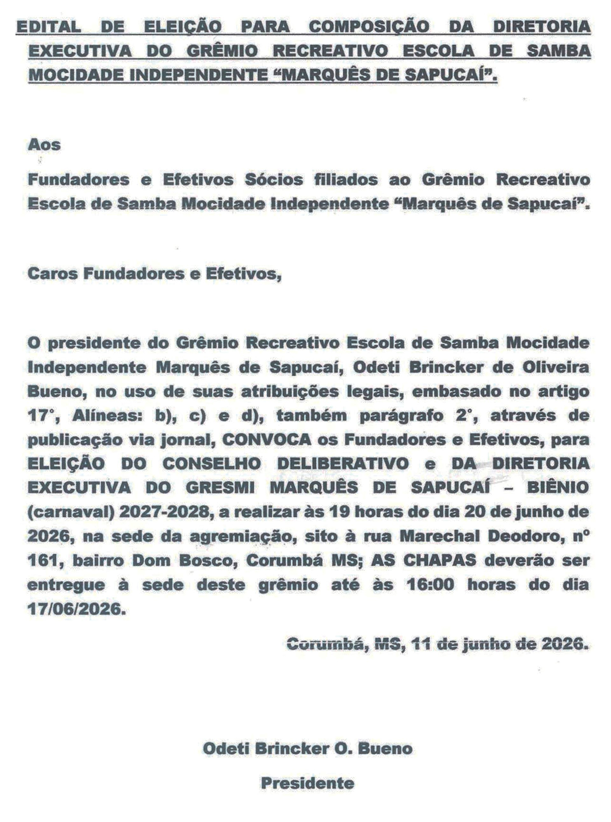 EDITAL DE CONVOCAÇÃO – MARQUÊS DE SAPUCAÍ