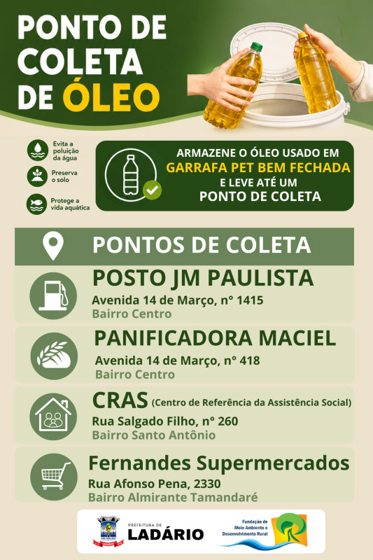 Lad&aacute;rio implanta pontos de coleta de &oacute;leo de cozinha usado