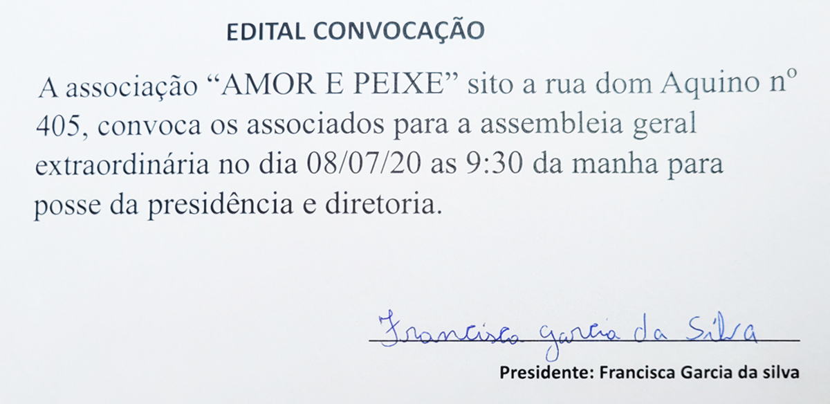 EDITAL DE CONVOCA&Ccedil;&Atilde;O &ndash; ASSOCIA&Ccedil;&Atilde;O AMOR E PEIXE  