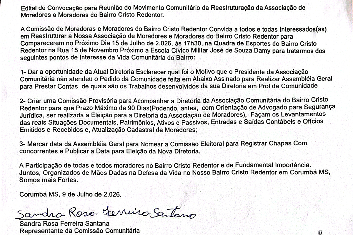 EDITAL DE CONVOCA&Ccedil;&Atilde;O &ndash; ASSOCIA&Ccedil;&Atilde;O DE MORADORES DO BAIRRO CRISTO REDENTOR